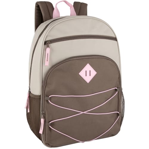 Summit Ridge Boys and Girls School Backpacks with Bungee Cord Front | 17” Multi Pocket Backpack for Kids, Teens, Adults, Travel (Khaki/Brown) - color: Khaki/Brown