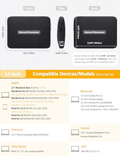 HYZUO 13 Inch Laptop Sleeve Bag Set for MacBook Air 13 M5/M4/M3/M2/M1 A3449 2026-2018, 13" MacBook Neo 2026 A3404, MacBook Pro 13 M2/M1 2026-2016, iPad Pro/Air 13, XPS 13, Surface Pro, Black - color: Black, size: 13 Inch