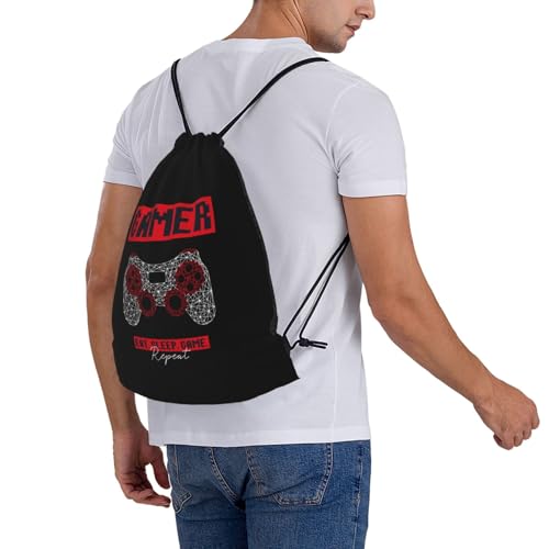Gamer Eat Sleep Repeat Unisex Drawstring Backpack Bag Sport Gym Travel Swim Sackpack - color: Gamer Eat Sleep Repeat