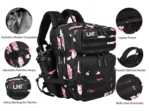 LHI Tactical Military Backpack for Men and Women 25L/35L Army Assault Pack Bag Small Rucksack with Bottle Holder - color: 25l-flower, size: Small