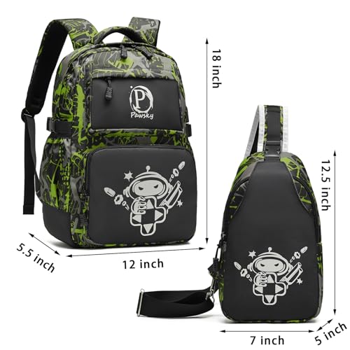 Boys Backpack, Cool Luminous School Backpack with USB Charging Port for Teen Boys, Kindergarten Elementary College Middle School Bookbag Lightweight Laptop Bag with Sling Bag Set, Green - style: Gamer-green02
