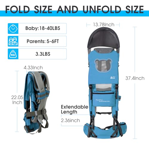 WIPHA Hiking Backpack Carrier, Lightweight Toddler Shoulder Carrier with Sun Shade, Foldable Frame, Breathable Mesh Backrest, Toddler Hiking Backpack for Kids 6 Months to 2 Years Old - color: Antelope-I-Blue