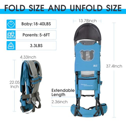 WIPHA Hiking Backpack Carrier, Lightweight Toddler Shoulder Carrier with Sun Shade, Foldable Frame, Breathable Mesh Backrest, Toddler Hiking Backpack for Kids 6 Months to 2 Years Old - color: Antelope-I-Blue