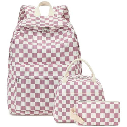 Bluboon School Backpack Set Girls Womens Laptop Bookbag Casual Daypack Fits 15 inch Laptop with Lunch Tote Bag and Pencil Bag - color: Grapes Purple White Checkered