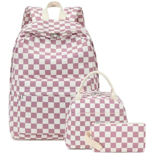 Bluboon School Backpack Set Girls Womens Laptop Bookbag Casual Daypack Fits 15 inch Laptop with Lunch Tote Bag and Pencil Bag - color: Grapes Purple White Checkered