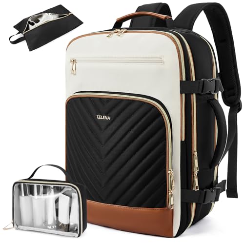 Telena Travel Backpack for Women, 17.3 inch Laptop TSA Carry On Personal Item Size Flight Approved Travel Bag Daypack with Multi-Pockets for Work, Travel, Business, Black-Beige-Brown - color: Black-beige-brown, size: 17.3 inches