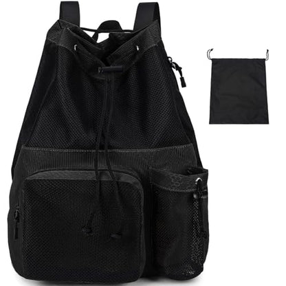 Lohol Large Mesh Drawstring Backpack with Shoe Bag, Durable Swimming String Sack with Handle for Sports Gym Yoga Beach Travel - color: Black