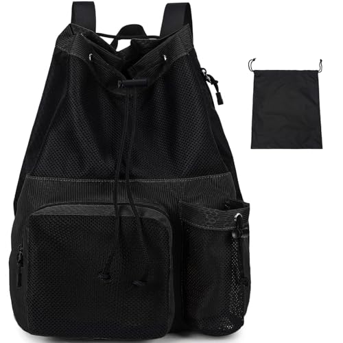 Lohol Large Mesh Drawstring Backpack with Shoe Bag, Durable Swimming String Sack with Handle for Sports Gym Yoga Beach Travel - color: Black