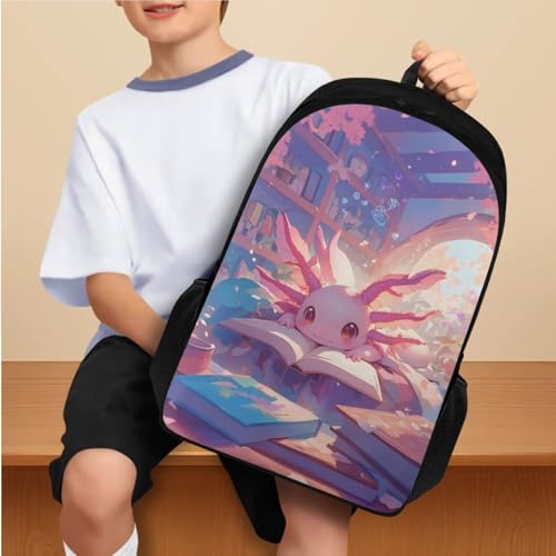 Flashideas Cherry Blossom Axolotl Backpack for Girls Kids Backpack with Lunch Box 32 oz Insulated Water Bottle and Water Bottle Holder 4Pcs Set 17" Cute Elementary Bookbag with Compartments for School - color: Cherry Blossom Axolotl-1