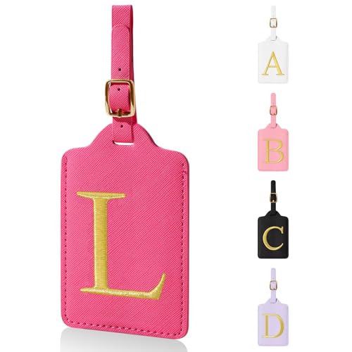 Personalized Initial Luggage Tags for Suitcases,Leather Letter Cute Luggage Tags with Privacy Name Card,Embroidered Monogrammed Travel Bag Backpack Tag Gifts for Women Kids Girls Teens(Rosered-L) - color: Rosered, size: L