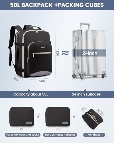 LOVEVOOK 50L Travel Backpack Flight Approved Carry on Backpack,3 Packing Cubes,Waterproof Personal Item Travel Bag,TSA Carry on Luggage Suitcase Travel Essentials,Gifts for Women & Men,fits 18" Laptop - color: Black-grey, size: X-Large-50L-4Pcs