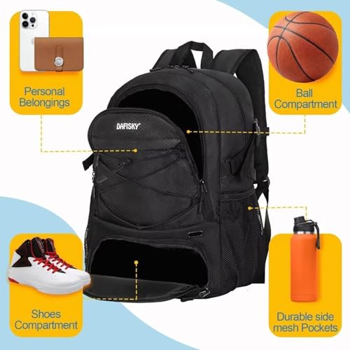 DAFISKY Basketball Backpack Sports Bag | Basketball Bag with Shoe Compartment and Ball Holder, 30L Large gym bag for boys girls - color: Black