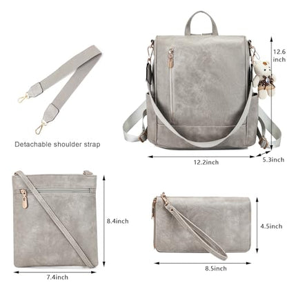 Soperwillton Women Fashion Backpack Purse Anti-Theft Leather Shoulder Bag Travel Multi Pockets Handbag Wallet Set 3pcs - color: Grey