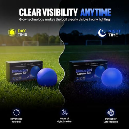 Glow in the Dark Lacrosse Ball | Night Practice & Training Equipment for All Ages | 2 Pack Official Size & Weight | Lacrosse Gift | LED Sky Blue