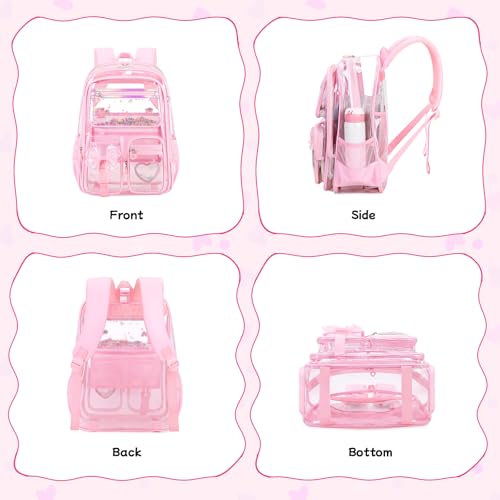 MOONBABY Clear Backpack for Girls, Clear Bookbag Heavy Duty Transparent Backpack for Stadium Events, See Through Back Pack for Kindergarten Elementary Middle High School, Pink - color: Pink