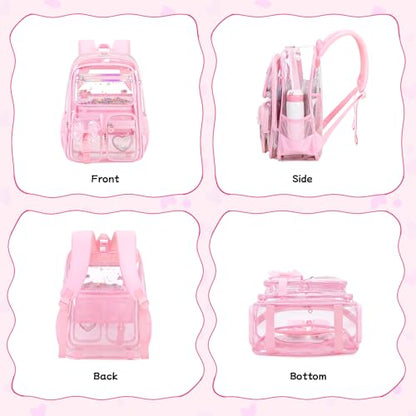 MOONBABY Clear Backpack for Girls, Clear Bookbag Heavy Duty Transparent Backpack for Stadium Events, See Through Back Pack for Kindergarten Elementary Middle High School, Pink - color: Pink
