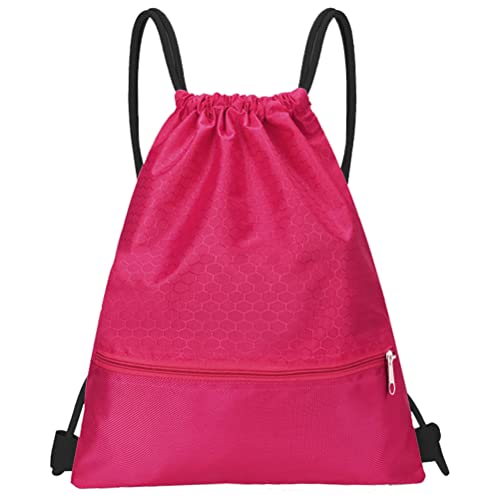 Drawstring Backpack Bag, Waterproof Draw String Back Sack with Zip Pocket, Gym Drawstring Bags Swim Bag for Men Women - color: Rose Red, Ordinary