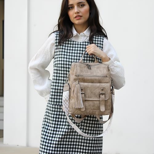 Fashion PU Leather Backpack Purse for Women Travel Backpack Bag with Tassel Ladies Shoulder Handbags Casual Daypack - color: Khaki