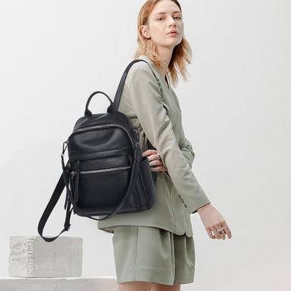 Genuine Leather Backpack Purse For Women Black | Real Soft Leather, Convertible, Ladies Daypack Shoulder Bag - color: Black