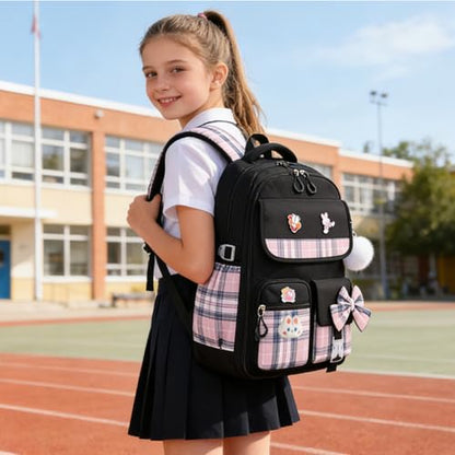 NSEQB Girls Backpack,Kids School Backpack With Lunch Box Pencil Case Set,Cute Childrens Schoolbag For Girls - color: Black-2PCS