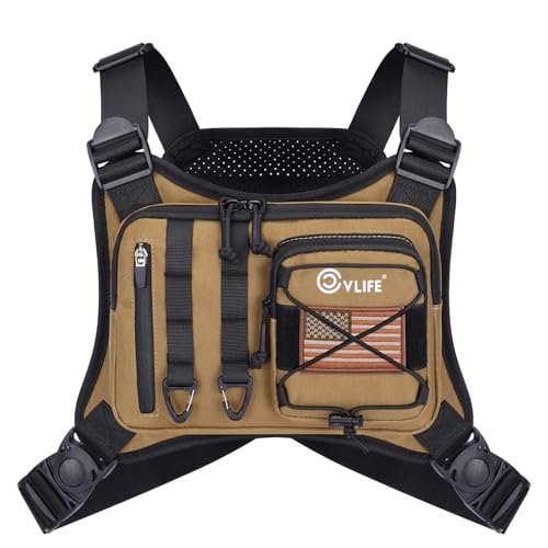 CVLIFE Outdoor Chest Bag for Men, Tactical Chest Pack, Adjustable Running Vest Bag, Lightweight Anti-theft EDC Rig for Hiking - color: Khaki