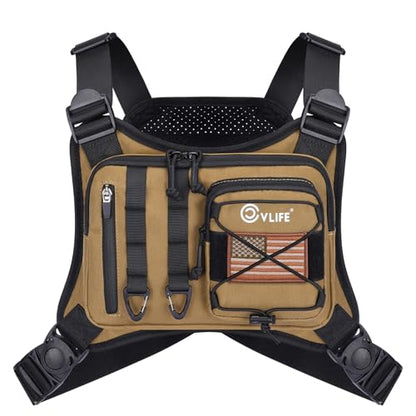 CVLIFE Outdoor Chest Bag for Men, Tactical Chest Pack, Adjustable Running Vest Bag, Lightweight Anti-theft EDC Rig for Hiking - color: Khaki