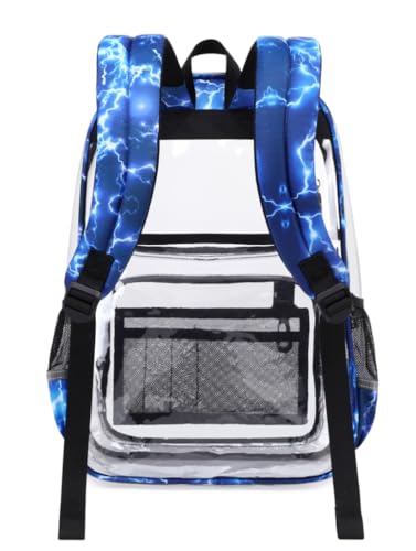 Sisipoet Clear Backpack for Boys with Lightning Print, Heavy Duty Transparent Bookbag for School, Stadium, and Concert, Blue - color: Blue/Lightning