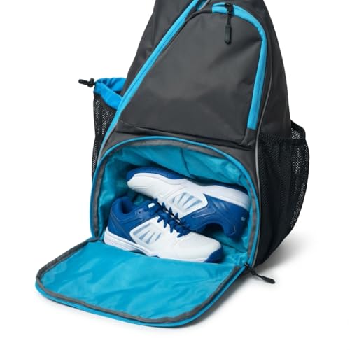 Pickleball Sling Bag with Shoe Compartment - Crossbody Backpack Fits 2 Paddles, 32oz Bottle & Fence Hook, Sports Bag for Men & Women (Shoe Limit: up to US Men's 10 / Women's 11.5) - color: Grey/Blue