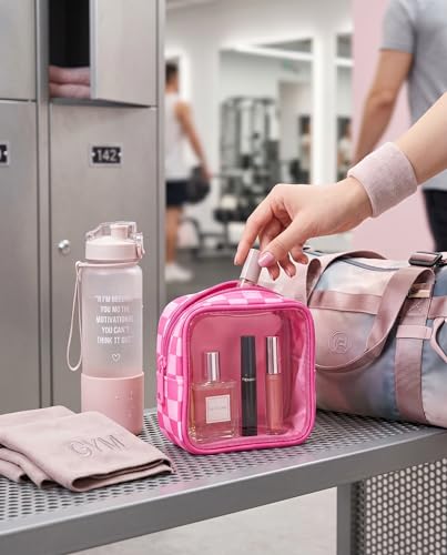 Clear Checkered Makeup Bag, Small Cosmetic Pouch with Zipper Mini Waterproof Makeup Purse Organizer Cute Cosmetic Bag Travel TSA Approved Toiletry Bag Car Organizer for Women Girls (Rose) - color: Rose