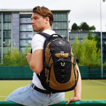 Swissdigital Design Laptop Backpack with USB Charging Port, Travel Backpack Fits 15.6 inches Computer, 31L College School Backpack for Men, Tan/Black | SD803-34 - color: Tan/Black