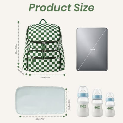 FHELAD Checkered Diaper Bag Backpack with Changing Pad & Stroller Clips, Large Travel Baby Diaper Bag for Newborn Moms, Baby Shower Gifts (Dark Green) - color: Dark Green
