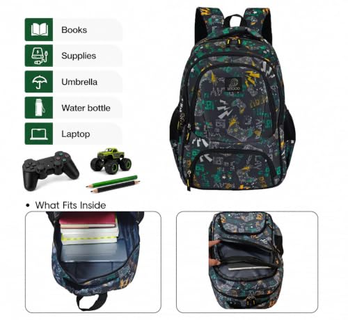 MYGOO Boys School Backpack Campus Gamer Teal Bookbag for Elementary Middle School Ages 5-12, 17 inch Large Capacity 24L Kids Student Travel Bags - color: Campus Gamer Teal
