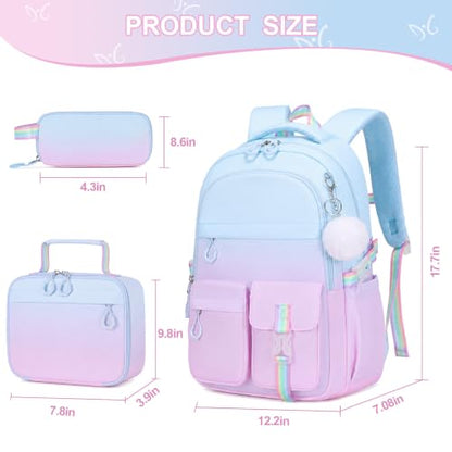 DIGOBAY 3PCS Girls Backpack for School, Kids Backpack for Girls with Lunch Bag Pencil Case, Kids Bookbag Teen Girl Backpacks for Elementary Middle High College School (Blue-purple Gradient) - color: Blue-purple Gradient