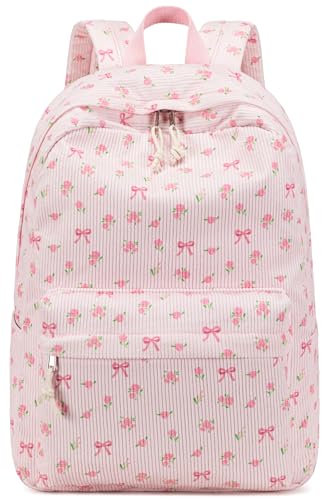 Bluboon School Backpack for Teen Girls Bookbags Elementary High School Corduroy Laptop Bags Women Travel Daypacks - color: Pink Base Floral Bow