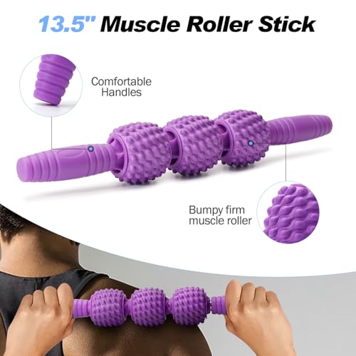 JOYENERGY 5 in 1 Foam Roller Set Trigger Point Foam Roller, Massage Roller Stick, Massage Ball, Stretching Strap for Deep Muscle Massage Pilates Yoga, Fitness Exercise for Whole Body (Purple Diamond) - color: Purple Diamond