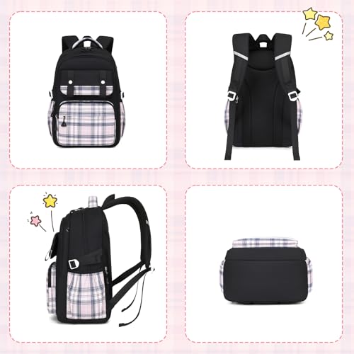 MUSEVOS Girls Backpack, Elementary Middle School Backpack, Large Capacity Kids Bookbag - color: Black/Pink