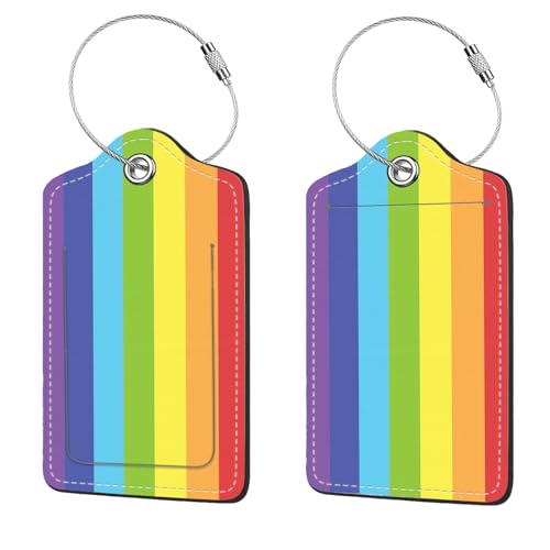 2 Pcs Luggage Tags for Suitcases, PU Leather Cruise Ship Luggage Tags with Privacy Cover Label Address Card and Durable Metal Ring Suitable for Men Women Handbags Backpacks SchoolBags,Rainbow Stripes - color: Rainbow Stripes
