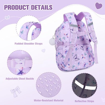 Bevalsa Backpack for Girls 3PCS Teen Girls Backpack for School with Lunch Bag Pencil Case Purple Cute Kids Laptop Backpacks Bookbag for Elementary Middle High School College Student (Butterfly) - color: Purple Butterfly