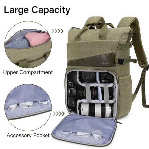 MOSISO Camera Backpack, DSLR/SLR/Mirrorless Camera Bag Case with Tripod Holder&15-16 inch Laptop Compartment&PU Handle, Canvas Photography Backpack Compatible with Canon/Nikon/Sony, Olive Yellow