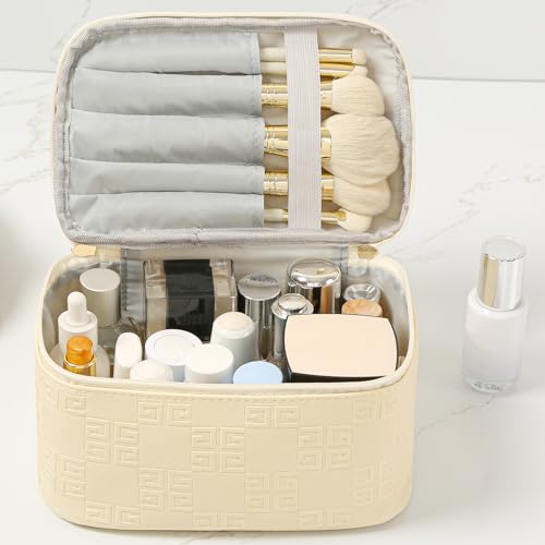 Meiyuuo Makeup Bag Large Cosmetic Bags for Women Girls Cute Travel Zipper Pouch Toiletry Organizer for Beauty Essentials Waterproof (Light Purple) - color: Embossing Purple