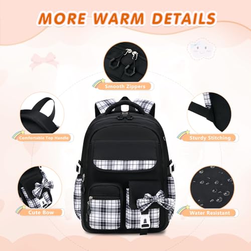 GeeWin School Backpack for Girls, Bookbags School Bag for Teen Girl Elementary Middle School Student, Cute Stylish Plaid Girls Backpack with Matching Insulated Lunch Bag & Pencil Bag(Black) - color: Black