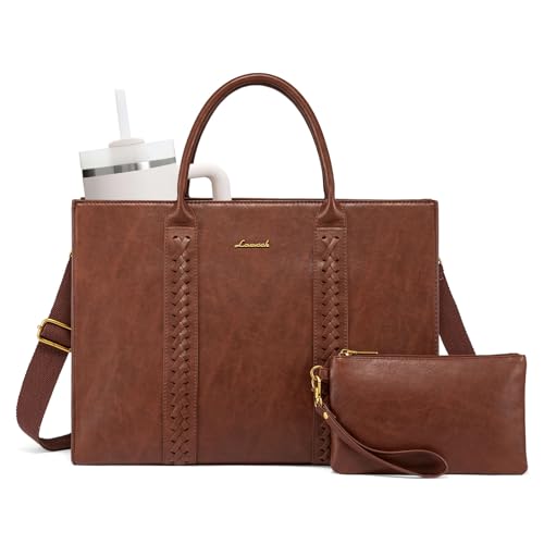 LOVEVOOK Laptop Tote Bag for Women, Vintage Leather Work Bags 17 inch Laptop Bag, Waterproof Professional Computer Bag Business Office Briefcase Large Shoulder Bag Handbag, Brown - color: Brown, size: 17 Inch