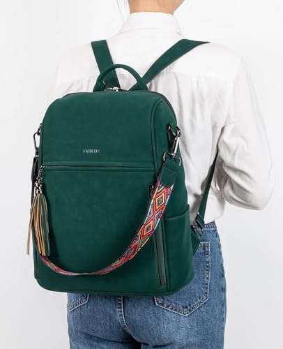 FADEON Leather Backpack Purse for Women Designer Travel Backpack Purses PU Fashion Ladies Shoulder Bag with Tassel - color: 1 Dark Green Nubuck Style