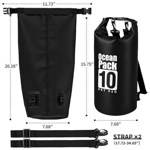 Waterproof Dry Bag 10L, Roll Top Closure Black Water Proof Backpack, Heavy Duty Hunting Backpack, Durable Floating Dry Bag for Kayaking Boating Hiking with 7" Black IPX8 Waterproof Phone Case - color: Black dry bag 10L + Phone pouch 7"