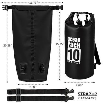 Waterproof Dry Bag 10L, Roll Top Closure Black Water Proof Backpack, Heavy Duty Hunting Backpack, Durable Floating Dry Bag for Kayaking Boating Hiking with 7" Black IPX8 Waterproof Phone Case - color: Black dry bag 10L + Phone pouch 7"