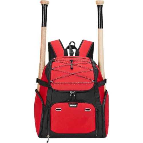 Baseball Backpack for Adult Large Capacity Softball Bat Bag with Shoe Compartment & Wet Pocket Baseball Bag with Fence Hook for 4 Bats & Equipment - color: Red, size: 35 L