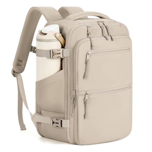 mibasies 30L Travel Backpack for Women & Men: Carry On Luggage Flight Approved, TSA Laptop Backpack with Water Bottle Pocket, Personal Item Bag Fits 15.6" Laptop for Weekender Business - Camel - color: Camel, size: Large