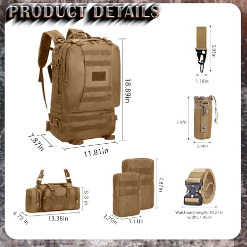 60L Tactical Backpack Military 3-Day Assault Pack, Waterproof Molle System Rucksack with Detachable Bag, Survival Bug Out Backpack for Men & Women(Brown) - color: Brown