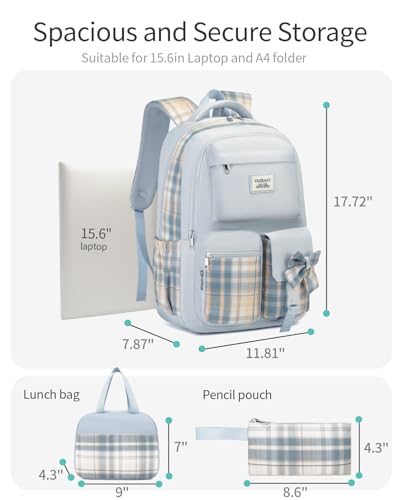 Teen Girl School Backpack with Lunch Box, Cute Bookbag with Laptop Compartment for Big Student Women College Mochilas Escolares para Niñas, Blue - color: Blue, size: 15.6in-3 pack