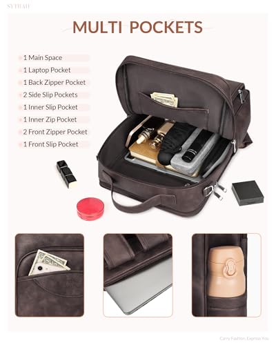 SYTRAH Leather Laptop Backpack, 15.6 Inch Business Computer Bag, Designer College Backpack Travel Backpack with Colorful Shoulder Bag Strap Dark Coffee - color: Dark Coffee